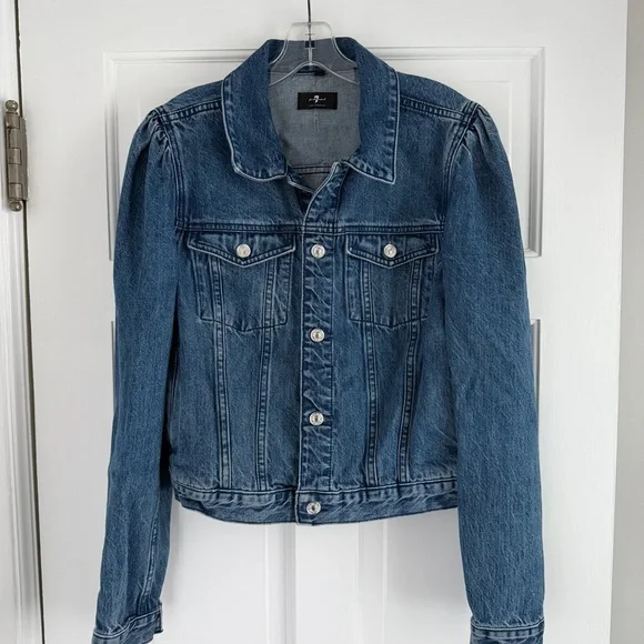 7 FOR ALL MANKIND Puff Sleeve Denim Jean Jacket - M - Picture 1 of 5